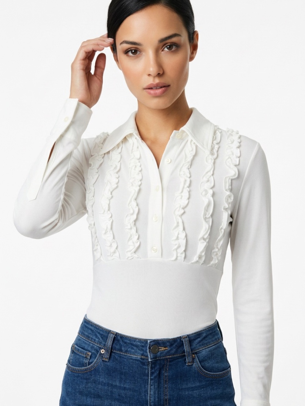 🚫❓GUESS • White Ruffle Tuxedo Button Front Long Sleeve Top Size Large